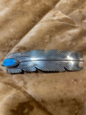 Navajo Sterling Silver Feather Barrette with Turquoise Stone